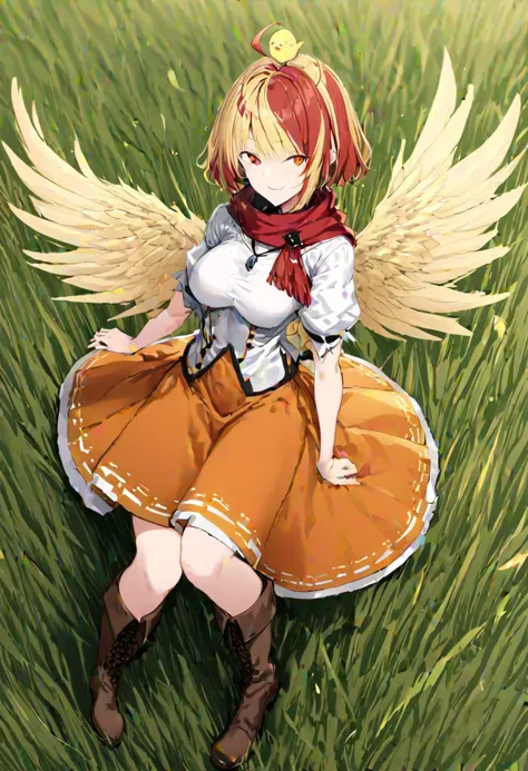 anime girl with wings sitting in the grass with a red scarf