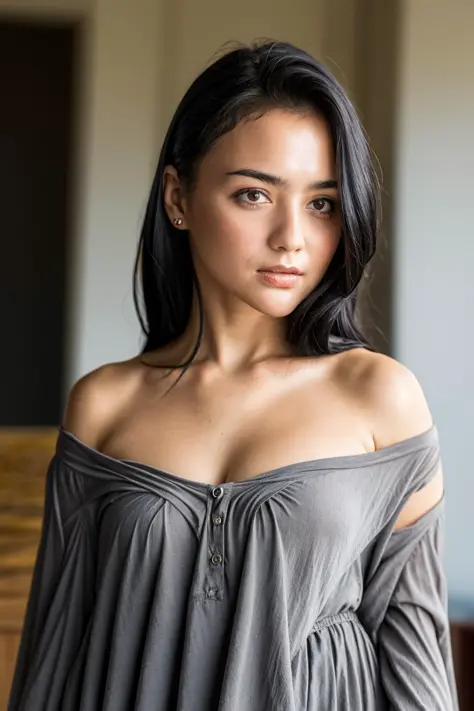 best quality, ultra high res, (photorealistic:1.4), 1girl, off-shoulder dress, black skirt, studio background, (faded ash gray hair:1.2) (medium breasts:1.2), (busty:1), looking at viewer