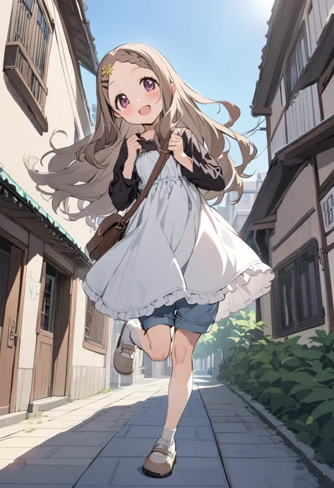 1girl, aoba kokona, solo, open mouth, smile, braided bangs, hairclip, :d, blush, standing, long sleeves, hair flower, shoulder bag, flower, standing on one leg, grey hair, socks, white dress, looking at viewer, very long hair, black shirt, outdoors, full body, day, brown footwear, red eyes, handbag, holding, frills, forehead, brown hair, blue shorts, hands up, building, grey legwear, white footwear, head tilt, grey shorts, pink eyes, parted bangs, purple eyes, leg up, blue sky, masterpiece, best quality <lora:aoba_kokona_sdxl_locon_ani_v1:0.7>