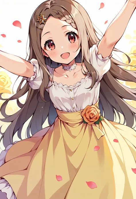 score_9, score_8_up, score_7_up, best quality, masterpiece, source_anime BREAK
1girl, aoba kokona, solo, open mouth, smile, hair flower, brown hair, looking at viewer, :d, outstretched arms, braided bangs, collarbone, blush, pink flower, very long hair, yellow flower, petals, star \(symbol\), white dress, yellow rose, pink rose, puffy short sleeves, yellow dress, pink eyes, parted bangs, dutch angle, outdoors, forehead, lens flare, star hair ornament, white shirt, orange flower, orange rose, arms up, brown eyes, spread arms, white choker, brown rose, standing, brown flower, day, sunlight, layered dress, small breasts, veil, grey hair, red eyes, blurry background<lora:aoba_kokona_sdxl_locon_pony_v1:0.7>