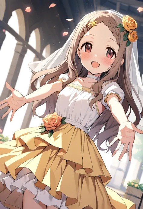 anime girl in a yellow dress with a rose in her hair