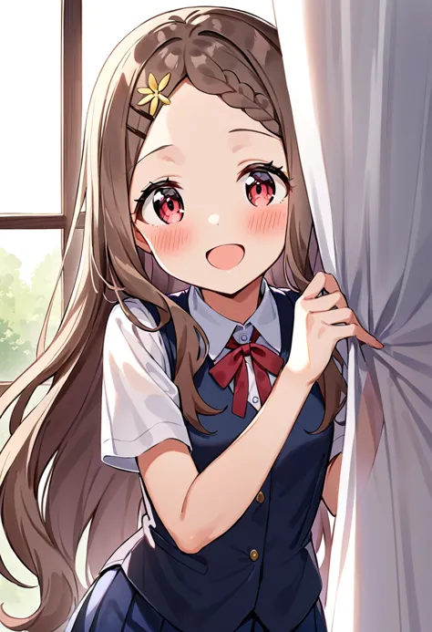 masterpiece, best quality, very aesthetic, absurdres, 1girl, aoba kokona, solo, open mouth, smile, curtains, brown hair, braided bangs, looking at viewer, hairclip, :d, short sleeves, blush, white shirt, school uniform, window, curtain grab, blue vest, indoors, collared shirt, red eyes, blue skirt, peeking out, neck ribbon, forehead, very long hair, red neckwear, red ribbon, hair flower, flower, red bow, upper body, transparent, pleated skirt, black vest, day, leaning forward, backlighting, grey hair, sunlight, dress shirt, pink eyes, brown eyes, standing, hand up, parted bangs, buttons <lora:aoba_kokona_sdxl_locon_ani31_v1:0.7>