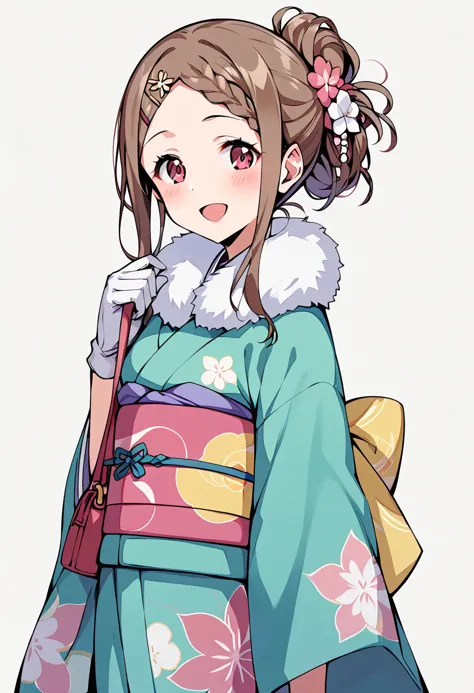 score_9, score_8_up, score_7_up, best quality, masterpiece, source_anime BREAK
1girl, aoba kokona, japanese clothes, kimono, solo, hair flower, white gloves, smile, sash, open mouth, obi, looking at viewer, blush, brown hair, red eyes, floral print, alternate hairstyle, fur collar, :d, handbag, long sleeves, wide sleeves, hairclip, green kimono, twin braids, hair up, print kimono, fur trim, short hair, ponytail, furisode, bangs, half gloves, upper body, holding bag, hair bun, kanzashi, pink bow, pouch, pink flower, white flower, fur-trimmed kimono, pink eyes, white background, standing, kinchaku <lora:aoba_kokona_sdxl_locon_pony_v1:0.7>