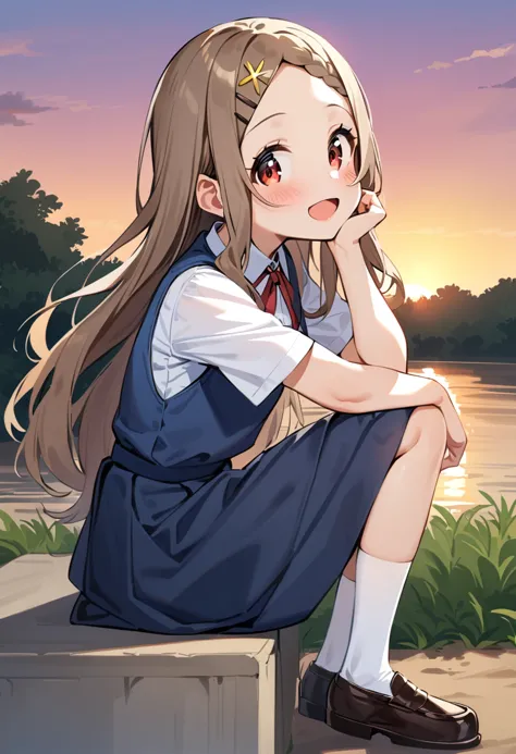 masterpiece, best quality, very aesthetic, absurdres, 1girl, aoba kokona, solo, white legwear, open mouth, smile, school uniform, looking at viewer, braided bangs, hairclip, white shirt, loafers, black footwear, brown hair, short sleeves, blush, sitting, :d, socks, red eyes, kneehighs, very long hair, collared shirt, blue skirt, neck ribbon, red neckwear, hand on own face, red ribbon, head rest, hand on own cheek, invisible chair, bangs, brown eyes, x hair ornament, forehead, blue dress, blue vest, light brown hair, pinafore dress, knee up, star hair ornament, bow, brown footwear, artist name, sidelocks, outdoors, sunset, from side, riverbank  <lora:aoba_kokona_sdxl_locon_ani31_v1:0.7>