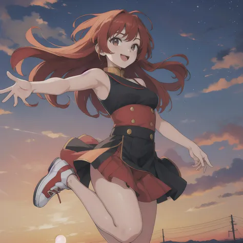 masterpiece, best quality, (dynamic pose+), 1girl, cute, happy, red hair, jump, withLora(概念-Sky【sky, sunset, night, 】,0.75)