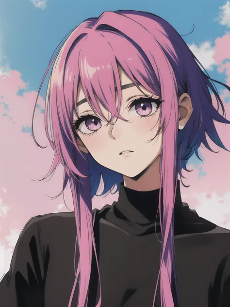 a girl with pink hair and purple hair looks at the camera