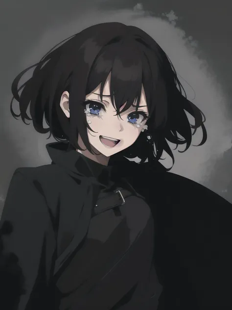 a woman with black hair and blue eyes in a black coat