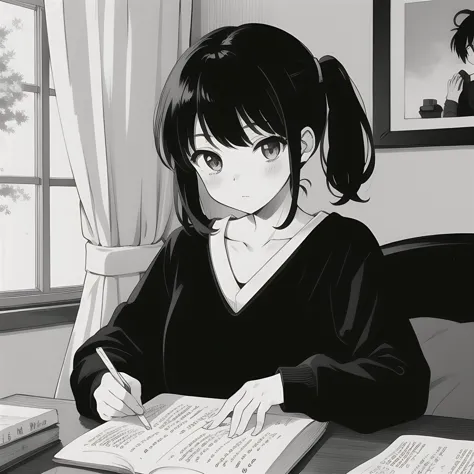 anime girl sitting at a desk writing in a book