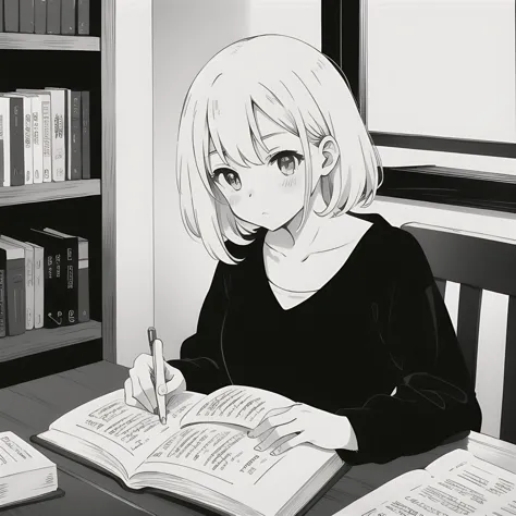 anime girl sitting at a table with a book and pen