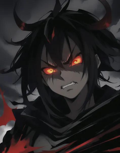 a close up of a person with red eyes and a demon face