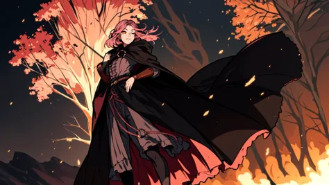 anime girl in a black dress standing in front of a fire