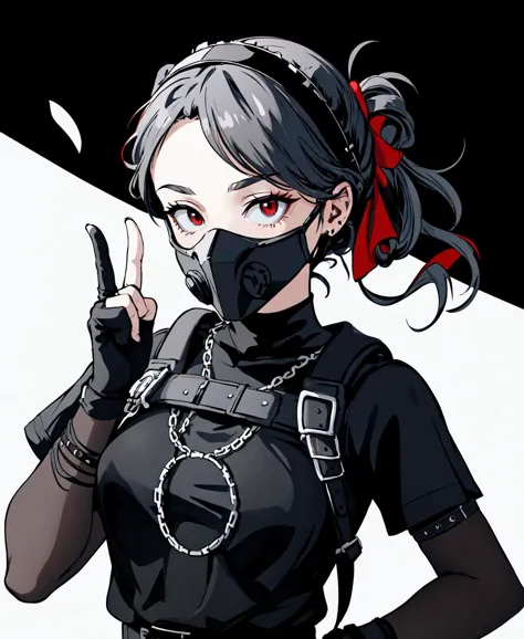 masterpiece, best quality, solo, OVERMASKED woman wearing mask, all-black outfit with straps, prominent bosom, updo hairstyle , red fingerless gloves, subtle nipple shape visible, color palette of black, white, and red, savage nature, commanding and seductive presence, enigmatic aura, techwear-inspired fashion, detailed artwork, exceptional quality