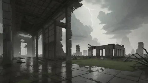 a view of a ruined building with columns and a sky background