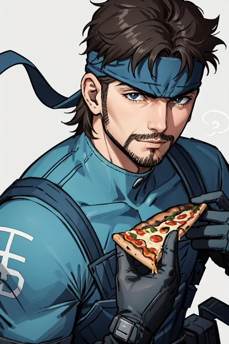 a close up of a person with a slice of pizza