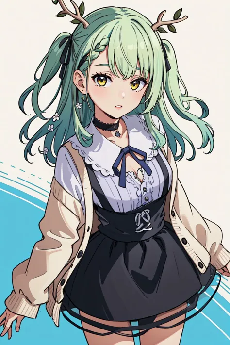 a close up of a person with green hair and a dress