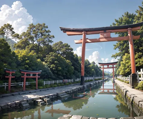 onsen, puddle, water, torii gate, japanese buildings (best-quality:0.8), steam