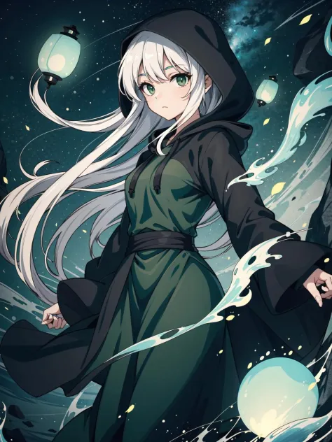 1girl, black hooded robe, (hood up), long white hair, (green theme, floating:1.4), river, lanterns, souls spirits ghosts, midnig...