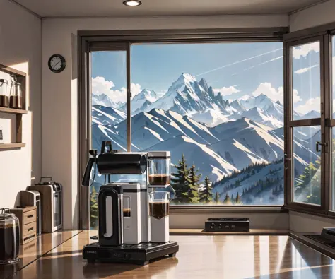 coffee machine in kitchen, mountains outside window