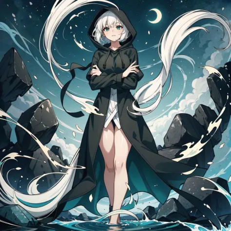 1girl, black hooded robe, (hood up), white hair, (green theme, floating:1.4), river, ravine, souls spirits ghosts, midnight, black sky, rocks