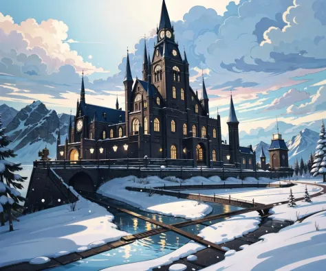 (masterpiece, top quality, best quality, official art, beautiful and aesthetic:1.2), extreme detailed,(fractal art:1.3),colorful,highest detailed in ultra detailed complex medieval castle, evil aura, lake, river, snow mountains,(best-quality:0.8), (best-quality:0.8), perfect anime illustration, BREAK saturn, bubbling acid