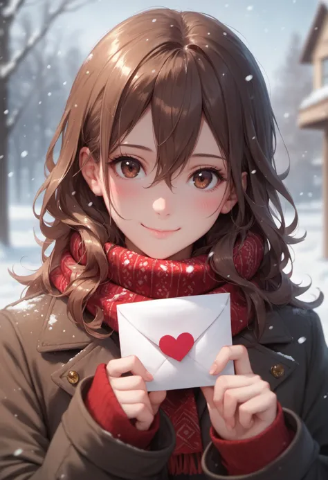 a woman holding a red heart in her hand in the snow