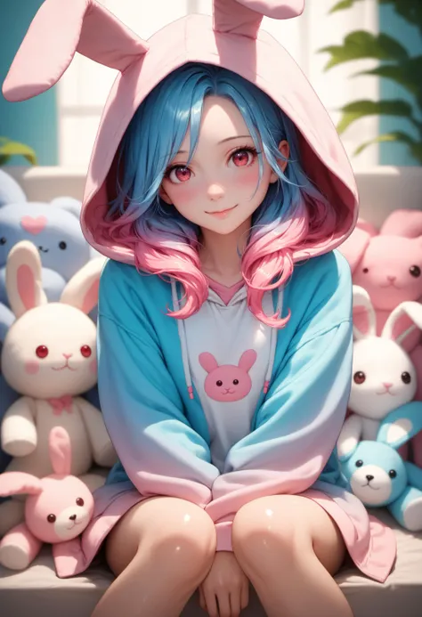 a woman with blue hair and pink hair sitting on a bench with stuffed animals