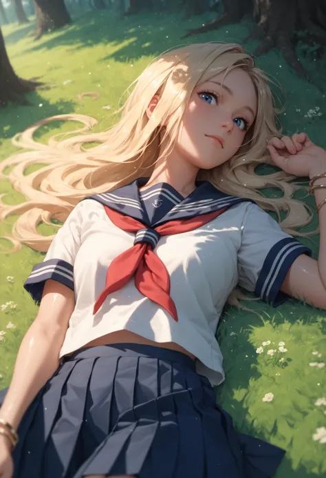 anime girl laying on the grass with her hair blowing in the wind