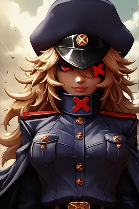 a close up of a woman in a uniform with a hat on