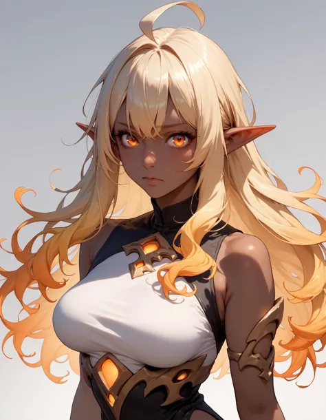 score_9,score_8_up,score_7_up,simple background,gradient background,glowing, blonde hair,gradient hair,ahoge,bangs,orange eyes,breasts,light blush,pointy ears,dark skin,dark elf,