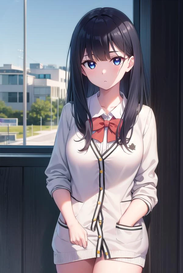 rikkatakarada, rikka takarada, black hair, blue eyes, long hair, orange scrunchie, scrunchie, wrist scrunchie
BREAK black footwear, black skirt, bow, bowtie, buttons, cardigan, collared shirt, long sleeves, microskirt, pleated skirt, red bow, red bowtie, red socks, , shirt, shoes, skirt, socks, thighs, (white cardigan:1.5), white shirt,
BREAK indoors, classroom,
BREAK looking at viewer, (cowboy shot:1.5),
BREAK (masterpiece:1.2), best quality, high resolution, unity 8k wallpaper, (illustration:0.8), (beautiful detailed eyes:1.6), extremely detailed face, perfect lighting, extremely detailed CG, (perfect hands, perfect anatomy),