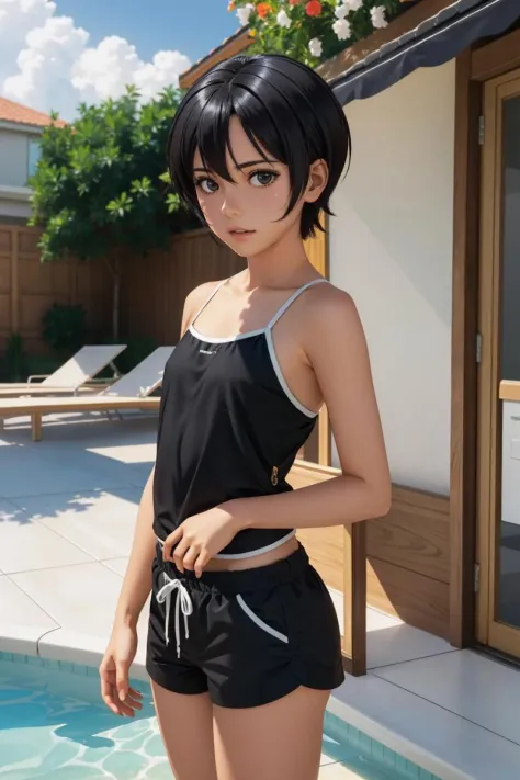 cinematic composition, professional photo of minami touma, short hair, flat chest, black hair, black eyes, swimsuit, long camisole, shorts,
detailed skin, detailed eyes, finely detailed hair,
volumetric light, highrez, masterpiece, best quality,
