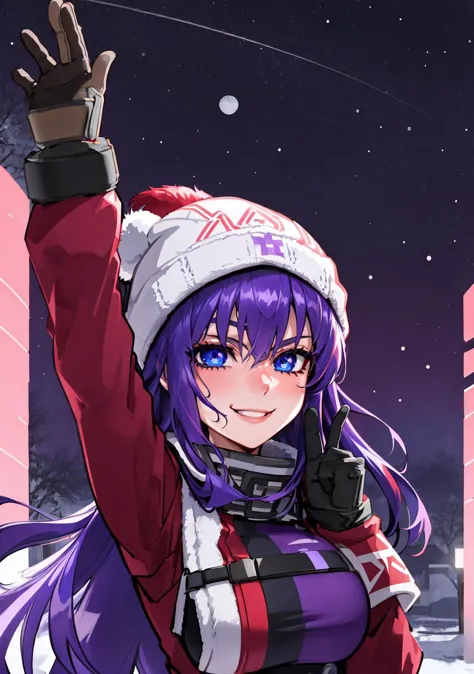 ((by fabercastel)), (violet haired and blue eyed beautiful anime human girl:1.2), down jacket, red beanieÐ± mittens, smile, pant...