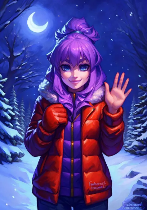 ((por fabercastel)), (chica anime humana hermosa con cabello violeta y ojos azules:1.2), chaqueta de plumas, gorrito rojo Ð± guantes, sonrisa, pantalones, saludando al espectador, paisaje de invierno, Noche, luna, nieve, hdr, detalles intrincados, hiperdetallado, hiper detallado, 8K, HD, ultra detallado, ultradetallado, sonrojopicante