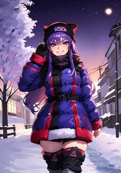 ((by fabercastel)), (violet haired and blue eyed beautiful anime human girl:1.2), down jacket, red beanieÐ± mittens, smile, pant...