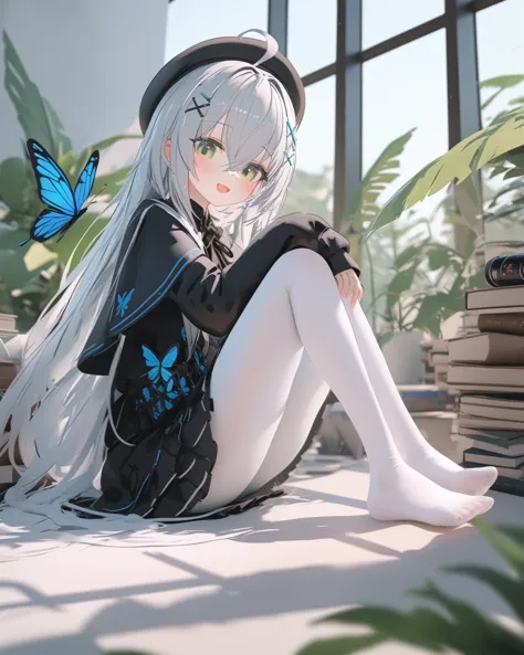 (mmd style), wlop, chen bin, ciloranko, omone hokoma agm, ask (askzy), god light, 1girl,  solo,  green eyes,  long hair,  bug,  book,  hair ornament,  hat,  white pantyhose,  butterfly,  no shoes,  looking at viewer,  pantyhose,  feet,  blush,  long sleeves,  bangs,  sitting,  black headwear,  white hair,  skirt,  ahoge,  x hair ornament,  hair between eyes,  open mouth,  smile,  blue butterfly,  capelet,  sweater,  sleeves past wrists,  hairclip,  beret,  book stack,  :d,  very long hair,  black capelet,  black skirt,  knees up,  legs,  toes,  can,  hand on own knee,  frills,  between legs,  soles,  bow,  indoors,  hand between legs,  plant,  puffy long sleeves , , mikozin, wlop, tianliang duohe fangdongye