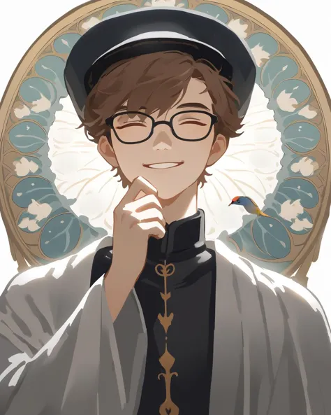 nai3,good light,`
1boy,male_focus,hat,solo,glasses,closed_eyes,black_headwear,long_sleeves,bird,upper_body,robe,brown_hair,short...