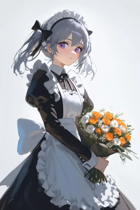 ciloranko,  wlop, 1girl,  solo,  flower,  bouquet,  purple eyes,  maid headdress,  looking at viewer,  maid,  apron,  holding,  ...