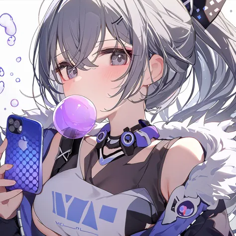 portrait, iphone, 1girl, looking at viewer, silver wolf (honkai: star rail), medium breasts, vest, jacket, holding phone, bubble...