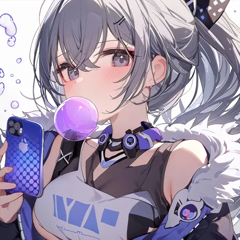 portrait, iPhone, 1fille, regarder le spectateur, Loup d&#39;argent (Honkai: rail en étoile), seins moyens, gilet, veste, tenir le téléphone, bulle qui souffle, fond blanc, Meilleure qualité, qualité incroyable, Sho (Sho lwlw), non madame, ogipote, tianliang duohe fangdongye,