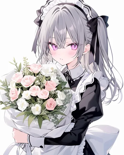 rurudo, 1girl,  solo,  flower,  bouquet,  purple eyes,  maid headdress,  looking at viewer,  maid,  apron,  holding,  white back...