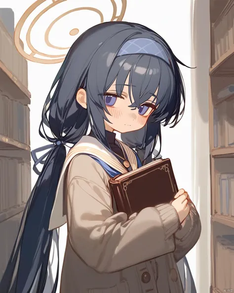 (ciloranko:1.3),  1girl,  ui (blue archive),  solo,  book,  long hair,  black hair,  holding book,  holding,  hairband,  bangs,  bags under eyes,  blue hairband,  sailor collar,  blush,  long sleeves,  looking at viewer,  cardigan,  closed mouth,  white sailor collar,  hair between eyes,  school uniform,  halo,  upper body,  serafuku,  grey cardigan,  very long hair,  open book,  blue eyes,  purple eyes,  shirt,  crossed bangs,  ribbon,  black undershirt,  twintails,  bookshelf,  brown cardigan,  white serafuku, tianliang duohe fangdongye