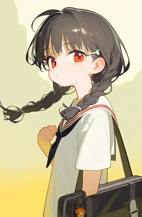 tianliang duohe fangdongye,
best quality,1girl,short black hair,red eyes,looking at viewer,half body,holding a school bag,wearing a seifuku,under the clear day sky,high resolution illustration,A full art illustration in a flat anime style,her twin braids and jewelry adding to her charm. An upper body portrait of this unique character with one eye red,