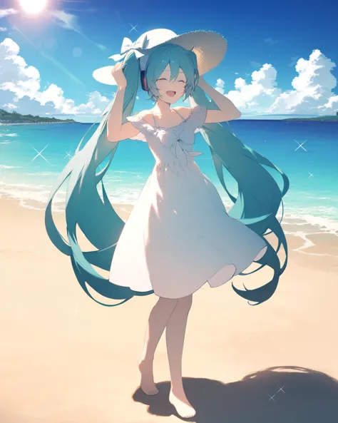 rella, 1girl, hatsune miku, long hair, solo, dress, twintails, hat, very long hair, white dress, sun hat, closed eyes, outdoors, sky, barefoot, beach, day, aqua hair, blue sky, full body, smile, shadow, cloud, standing, hands on headwear, ocean, sparkle, sand, sundress, bangs, bow, white headwear, arms up, white bow, blue hair, open mouth, hair between eyes, short sleeves