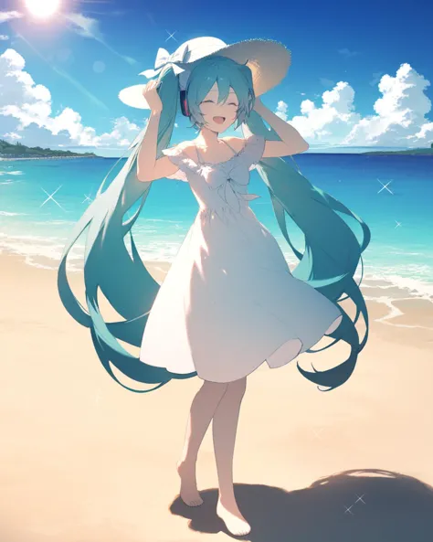 Rella, 1 garota, temsune miku, cabelo longo, Sozinho, vestir, twintails, tem, very cabelo longo, white vestir, sun tem, olhos fechados, ao ar livre, céu, pés descalços, praia, dia, Cabelo Aqua, blue céu, corpo todo, sorriso, sombra, Nuvem, de pé, mãos na cabeça, oceano, brilhar, areia, sunvestir, franja, arco, chapéu branco, braços para cima, white arco, cabelo azul, boca aberta, cabelo entre os olhos, manga curta