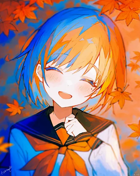 irodori warabi, 1girl, autumn, autumn leaves, black sailor collar, blonde hair, blue background, blue hair, blurry, blurry backg...