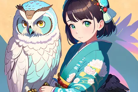 masterpiece, best quality, highres, absurdres, ultradetailed, A digital painting of girl and her big cute owl companion, colorfu...