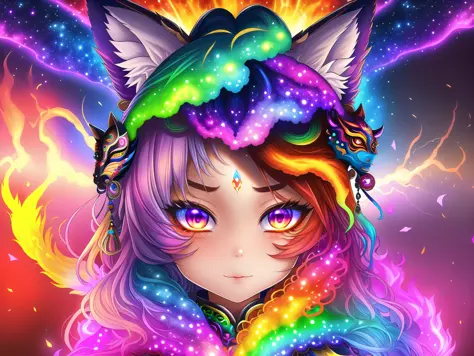 masterpiece, best quality, highres, absurdres, ultradetailed, psychedelic nebula explosion with rainbowy colors forming a (kitsu...