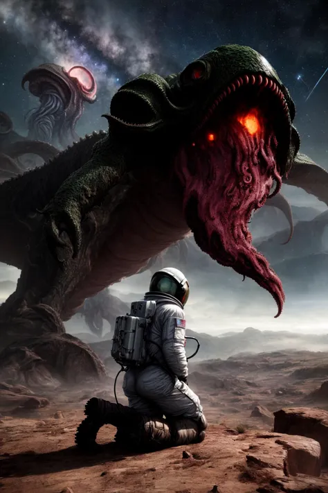 tiny astronaut,(despair:1.2),(kneeling:1.2),head_down,barren planet,confrontation,(gigantic Cthulhu-style monster:1.2),terrifyin...