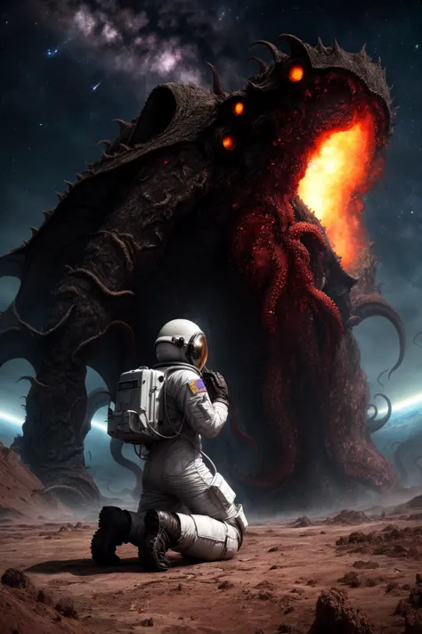 tiny astronaut,(despair:1.2),(kneeling:1.2),head_down,barren planet,confrontation,(gigantic Cthulhu-style monster:1.2),terrifyin...