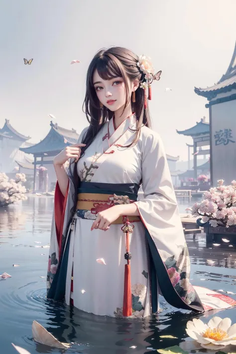 masterpiece,best quality,1girl, (hanfu:1.5),((ink)),(water color),bloom effect,detailed beautiful grassland with petal,flower,bu...